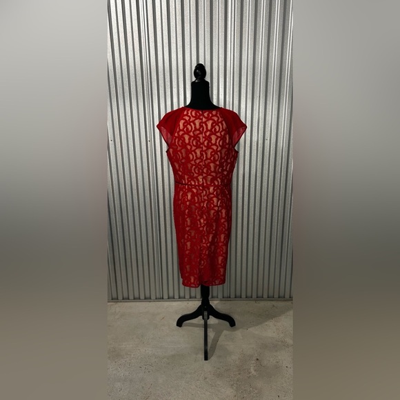 Womens Adrianna Papell Red Nylon Geometric Designer Cap Sleeve Midi Dress 14 - Picture 2 of 6